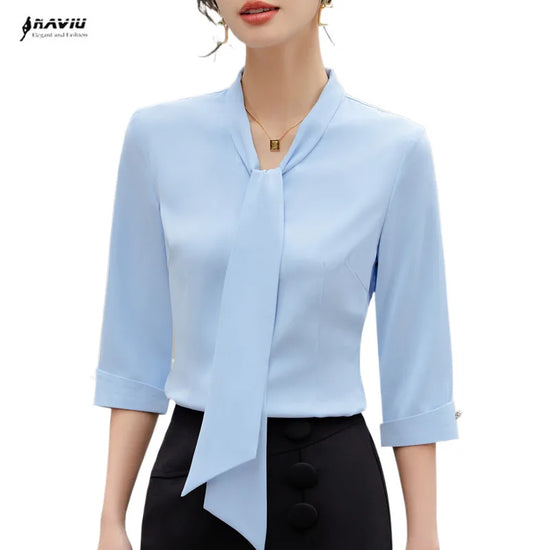 NAVIU Formal Women Blouses Blue Half Sleeve Office Fashion Ladies Work Wear Shirt OL Style Bow Tie Elegant Tops White Red