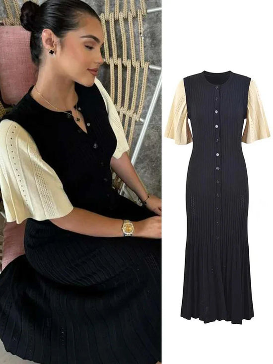 Patchwork Knitted Dress Women Short Sleeve Single Breasted Female Knit Long Dresses 2025 Autumn Elegant Ribbed Lady Knitwear