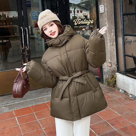Hooded Parkas Coats Women Mid Length Jackets Solid Lace Up Pocket Zipper Waist Cinched Long Sleeve Loose Fit Casual 2025 Winter