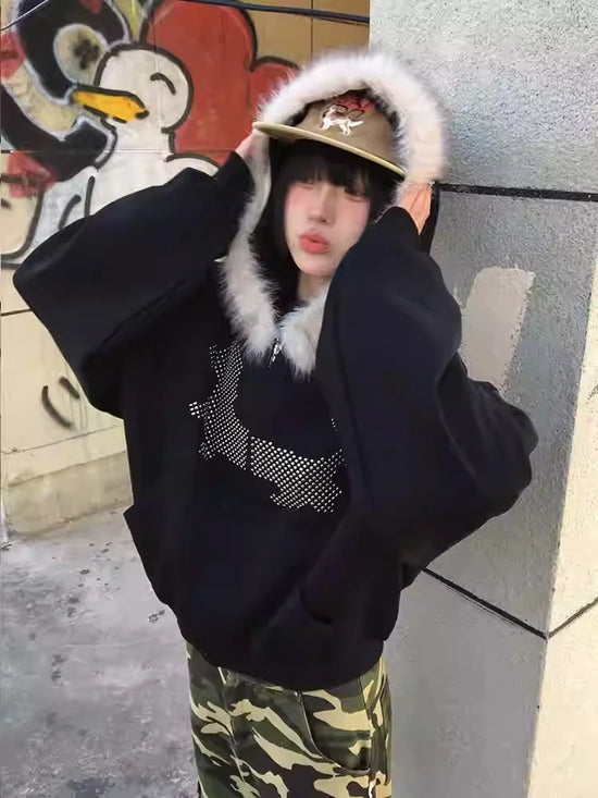 Japanese Design Fur Vintage Coats Women Fashion Graphic Y2k Hooded Jackets Harajuku Grunge Aesthetics Zip Korean Popular Clothes